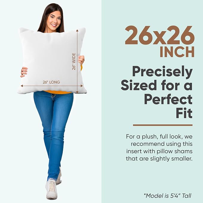 Pillowflex Synthetic Down Pillow Insert 26x26 in - Karate Chop Pillow | Large Square Euro Sham Form, Plush Polyester Cotton Blend, Cloud-Like Comfort, Clump-Resistant Fill, Smooth Elegant Finish