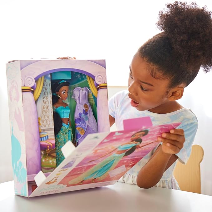 Disney Store Girl's Princess Story Doll (Jasmine from Aladdin) 11 Inches, Includes Coloring Book and Additional Dress, Princess Doll in Classic Outfit, Princess Toys