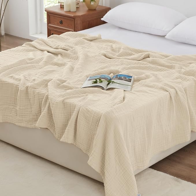 Love's cabin 100% Cotton Muslin Blanket, 6 Layer Lightweight Breathable Gauze King Size Blanket 108 x 90 Inches, Soft Summer Blanket for Bed, Beige