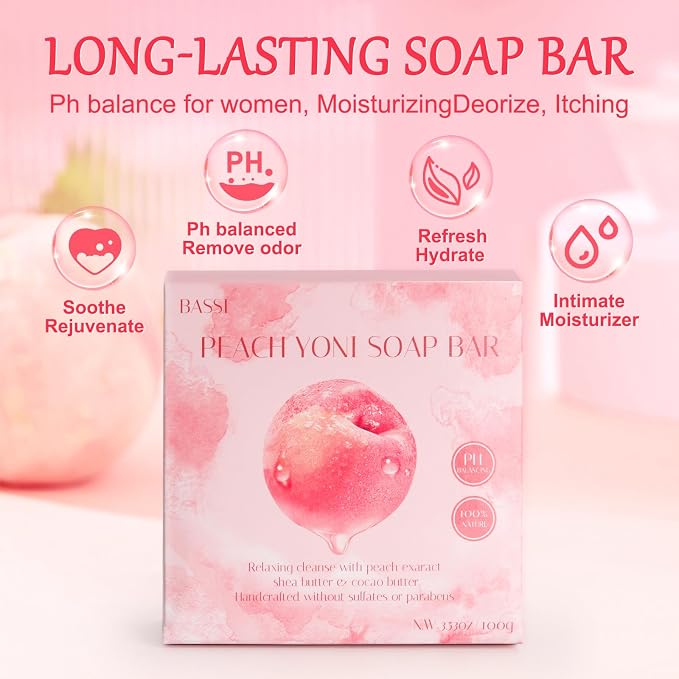 2 PCS Yoni Soap Bars for Women, Natural Feminine Wash Bar Soap for pH Balance & Daily Intimate Care, Gentle Cleansing with Freshness & Hydration, Handmade Peach Soap with Foaming Net 3.53 oz Each