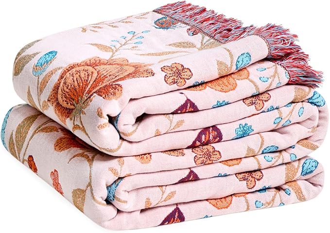 LUTBM Boho Throw Blanket for Bed 60"x80", All Season Cotton Couch Blankets | Reversible Floral Butterfly Embroidery, Lightweight Breathable Twin Quilt, For Chair Sofa Bedroom Living Room, Home Decor