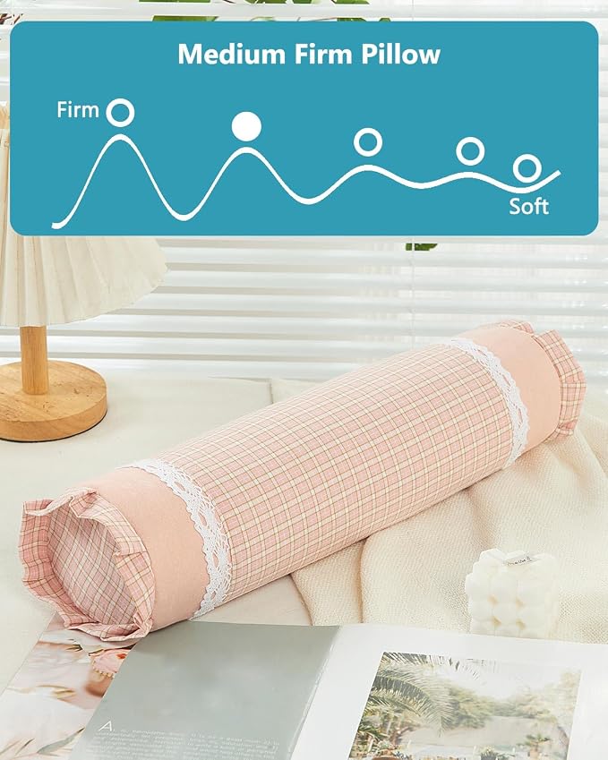 Buckwheat Cylinder Neck Pillow,15.7"x4.7" Adjustable Hull Filling for Firm Support, Checkered Pattern Ergonomic Roll Pillow, Ergonomic Bolster Removable Washable Cover, Pink