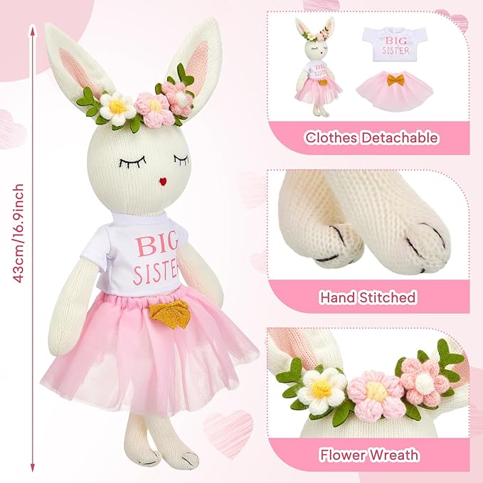 Big Sister Gift for Girls 17 Inches Rabbit Stuffed Plush Doll Short Sleeve Top and Pink Tutu Skirt Gifts for Girls Toddler