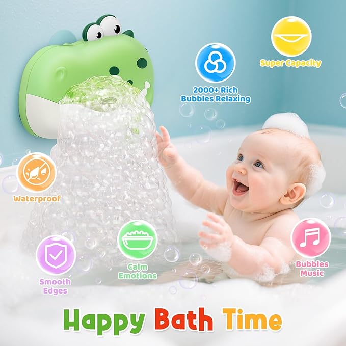 Baby Bath Toys, Rechargeable Dinosaur Bath Bubble Machine with Music, Bathtime Bathtub Toys for Toddlers Birthday Valentines Gifts, Bubble Maker Toys for Kids Ages 1-3 4-8 Baby Gifts(Green)
