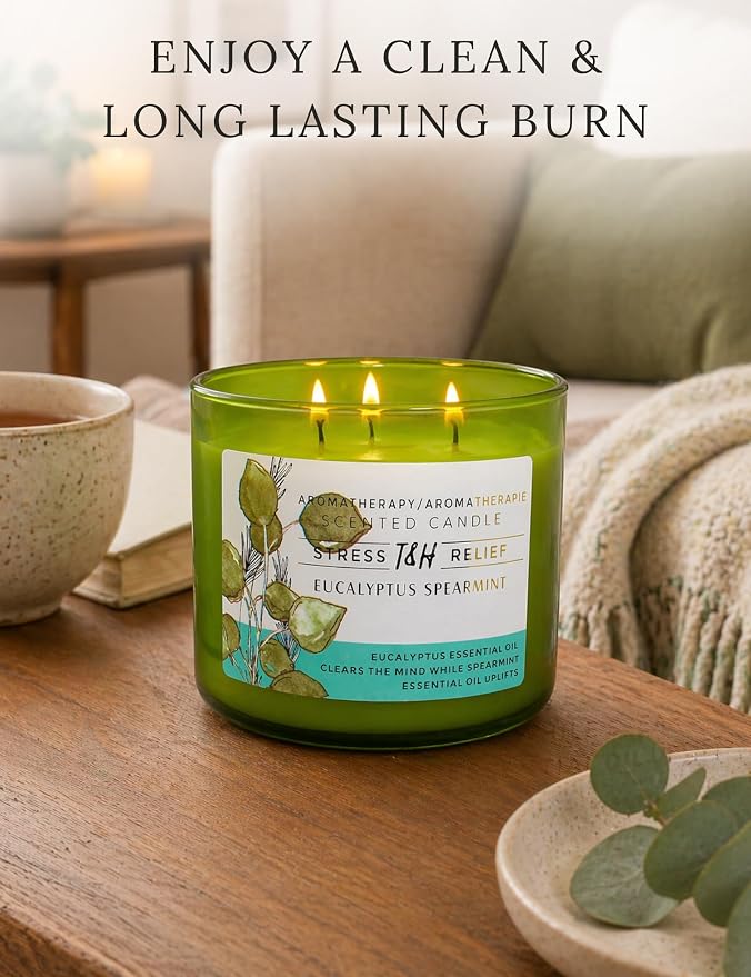 Eucalyptus Spearmint Scented Candle | 15.8 oz Large 3 Wick Soy Candle | Soothing Aromatherapy Candle for Home | Fresh Mint Spa Scent | Long Lasting Clean Burn | Relaxation & Yoga Gift for Women & Men