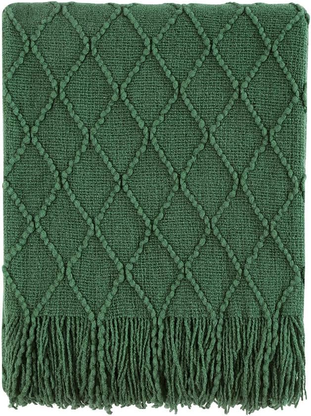 BOURINA Green Throw Blanket 50x90 Inch Boho Knitted Soft Throw Sofa Blanket | Knitted Throw Blanket 50x90 Inches, Soft Lightweight Boho Weave Throw Decorative Couch Blanket for Living Room Bed Runner