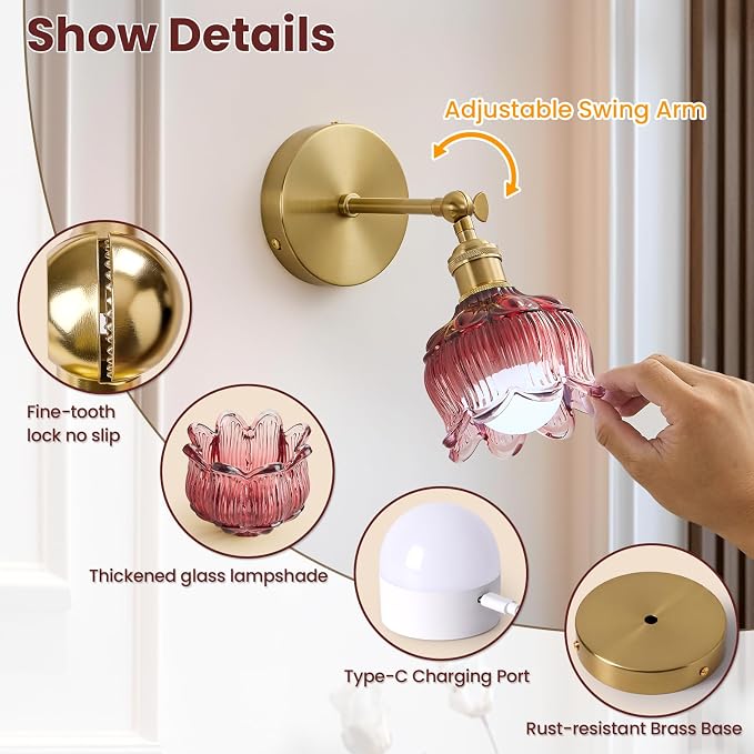 Vintage Battery Operated Wall Sconce: Set of 2 Red Flower Powered Sconces | 5000mAh Rose Glass Cordless Mounted Lighting, Rechargeable Dimmable Traditional Wireless Light Remote Control for Bedroom