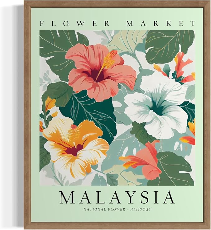 Malaysia Flower Market Art Print Poster, Wall Art Floral Painting Botanical Decor for Bedroom, Kitchen, Bathroom Livingroom Decoration 82B (Malaysia, 20"L x 16"W, Wood Frame)