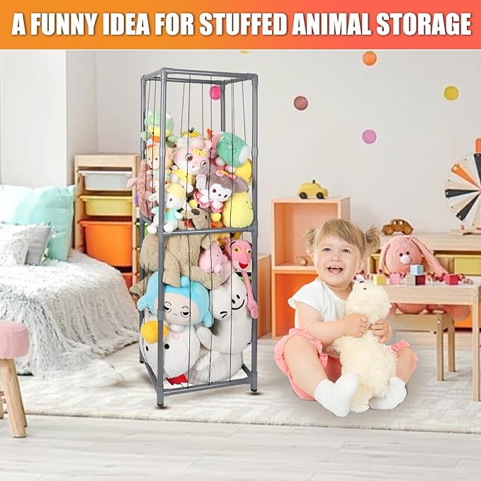 Stuffed Animal Storage Zoo Stuffed Animal Holder,Off-Ground and Space Save Vertical Stuffed Animals Organizer PVC with Elastic for Bedroom Playroom Nursery (Greyish Black, Large)