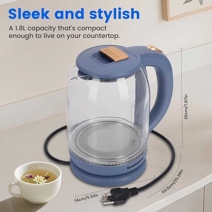 Glass Electric Kettle, No Plastic Contact With Water, 1.8L Electric Tea Pot, Automatic Shut-off, Borosilicate glass Visual Boiling, Water Heater & Teapot Perfect For Tea & Coffee