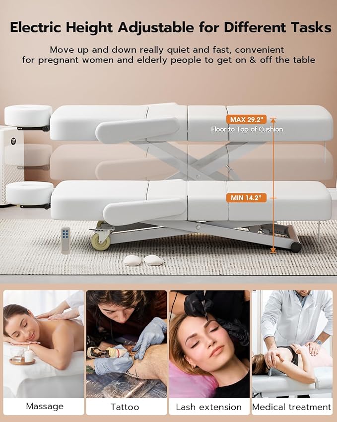 SyyBhb 6.7" Thickened Fully Electric Massage Table Professional for Clients, Customized Angle Adjustable and Electric Lift 3 Motor, Heavy Duty Frame, Exam/Treatment/Spa/Tattoo/Facial, White