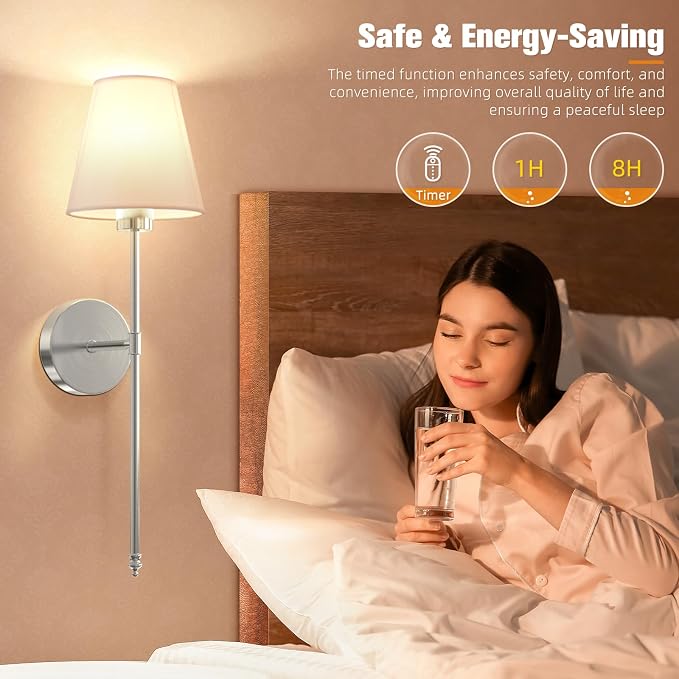 Battery Operated Wall Sconce Set of 2,Brushed Nickel Rechargeable Wall Lights with 10400mAh Dimmable Detachable Bulbs and Remote, 10 Colors Wireless Sconces for Bedroom Living Room Hallway