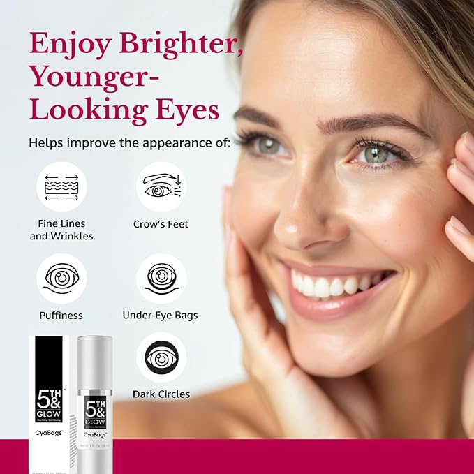 5th & Glow Cyabags - Instant Puffy Eyes Reduction & Under Eye Bag Remover Serum For Women - Hyaluronic Acid & Vitamin C Cream for Fine Lines, Wrinkles & Crowsfeet, 1 oz