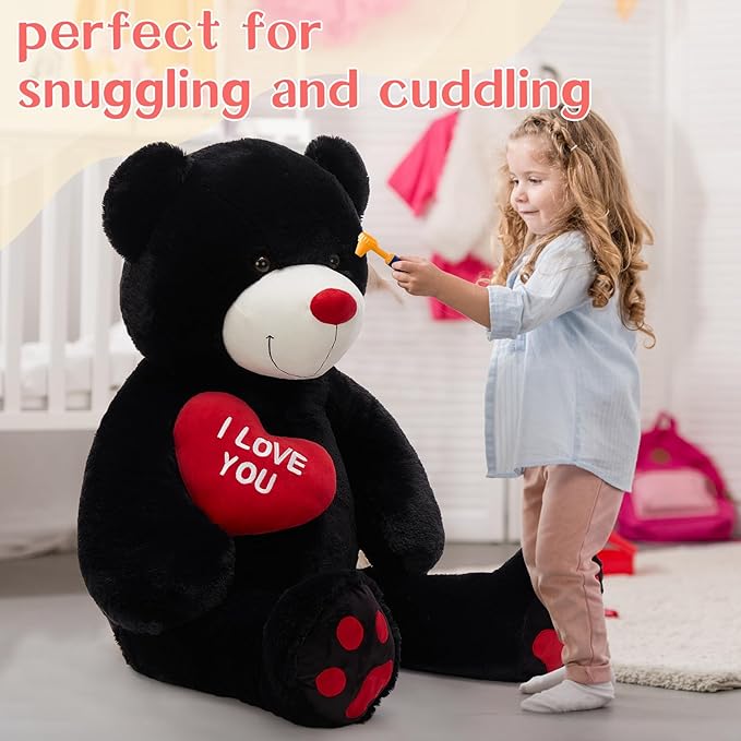4.3 Feet Giant Teddy Bear Stuffed Animal, Large Black Plush Toys for Kids, I Love You Valentines Gift for Girlfriend Wedding