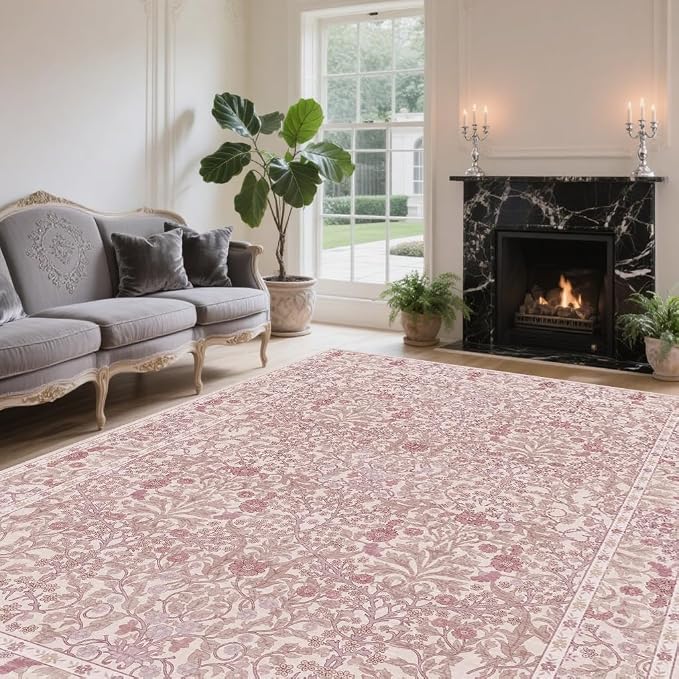 4x6 Area Rug for Bedroom Beside Rug, Laundry Room, Entryway, Kitchen, Washable Non-Slip Low Pile Ultra Soft Stain Resistant Carpet (Pink)