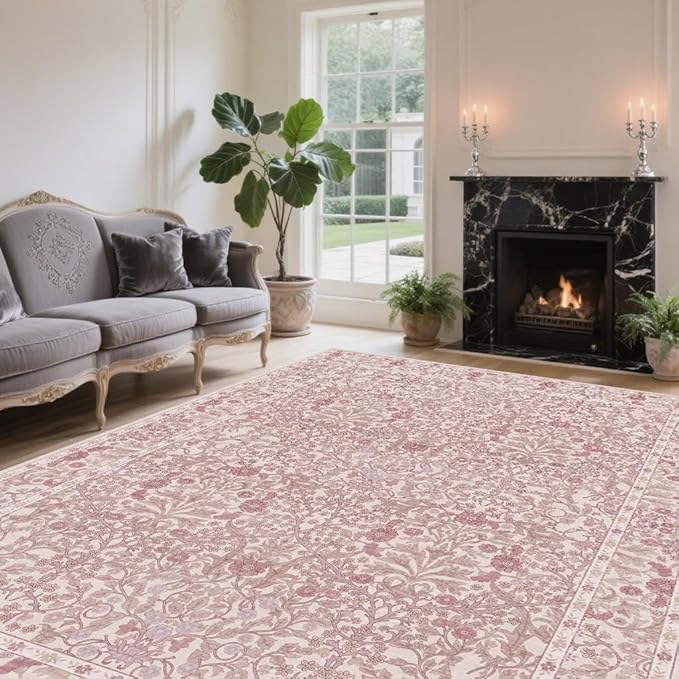 Vintage Pink Living Room Rug, 8x10 Washable Area Rugs for Dining Room Under Table, Soft Low Pile Large Carpet Bedroom, Non-Slip Boho Floral (8 x 10 Pink)