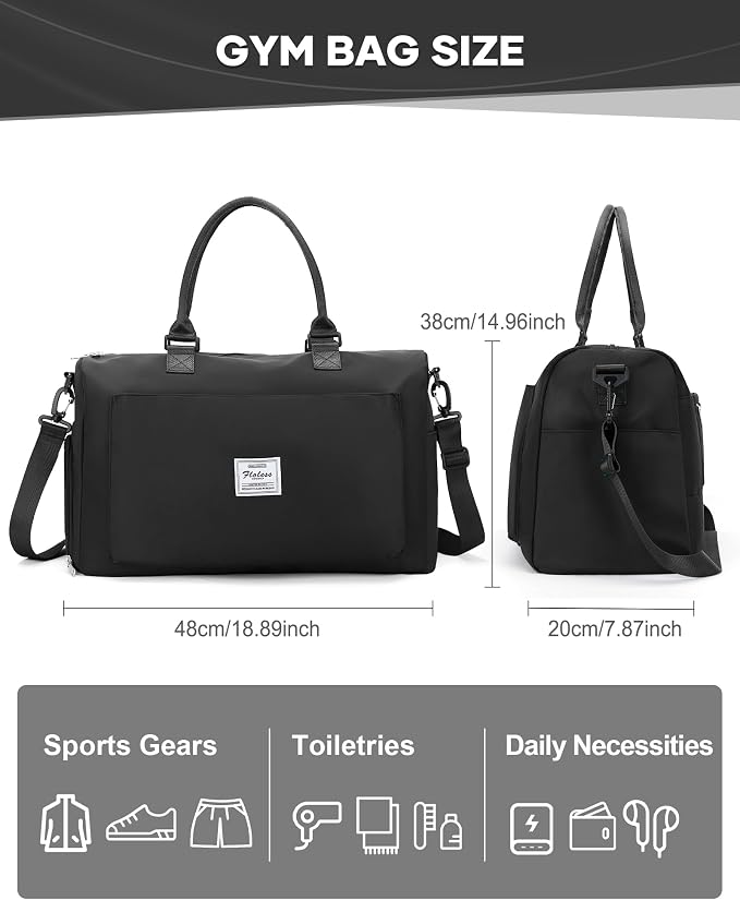 Gym Bag for Women Men Duffle Bags for Travel with Shoe Compartment Shoulder Weekender Overnight Carry on Tote Bags for Airplane Beach Bag Workout Yoga Sport Swimming Black