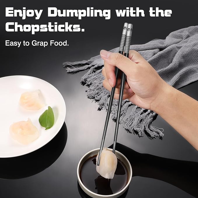 Stainless Steel Chopsticks Set-5 Pairs Reusable Metal Chopsticks 18/8 Dishwasher Safe, Non-Slip Laser Engraved Tips -Premium Japanese Korean Style Titanium Plated Black Chop sticks -Gift Box