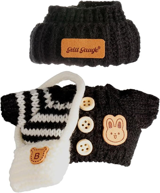 Clothes for 17cm Dolls, Clothes Set for 17cm Doll, Crochet 3 Piece Set Hat Clothes Backpack for Dolls, Stylish Adorable Dolls Clothes Accessories (No Doll) (Black)