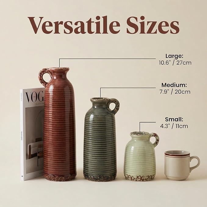 Ceramic Vase Set of 3 with Handles, Brown Neutral Rustic Modern Farmhouse Boho Decor, Versatile as Table Centerpiece or Mantel & Shelf Accent - Unique Home Gift Idea