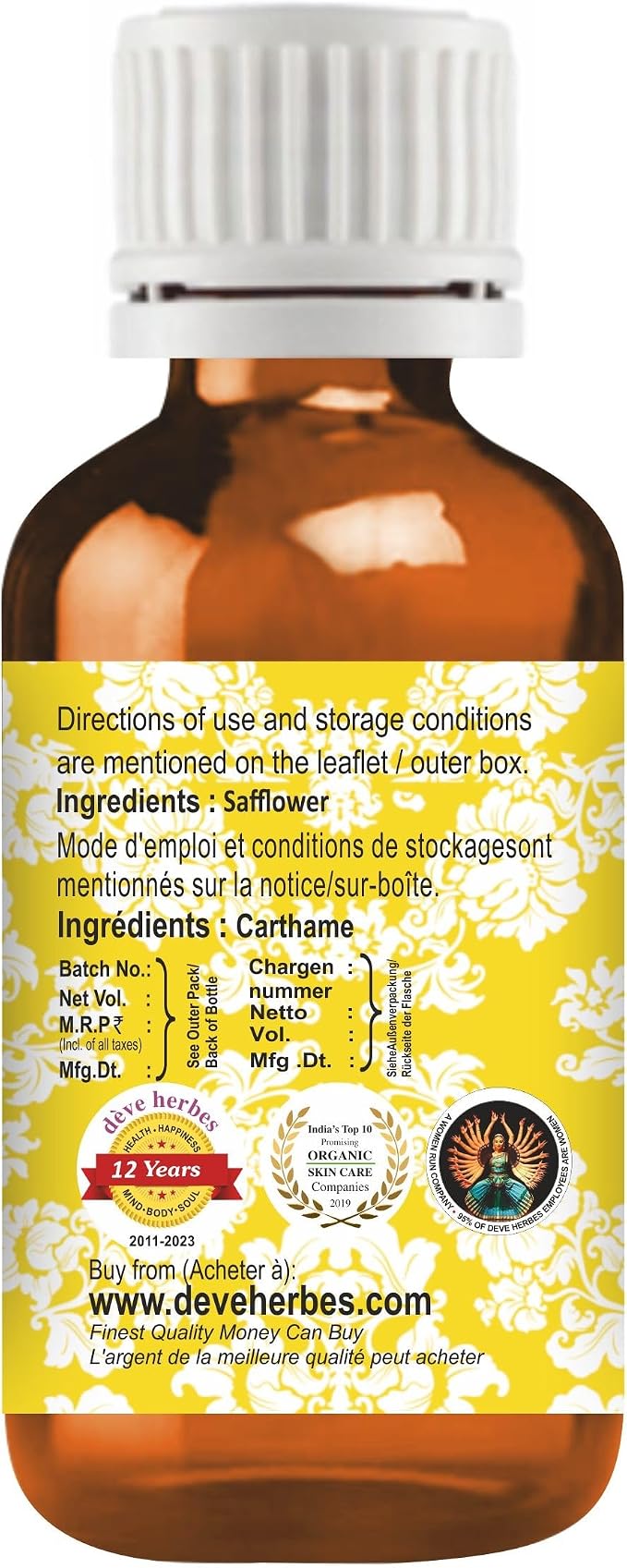 Deve Herbes Safflower Oil (Carthamus tinctorius) | Cold Pressed | Pure | Natural | Undiluted | For Diluting Essential oils | For Skin & Massage | Non-Sticky| Lightweight| Men & Women | 100ml (3.38 oz)