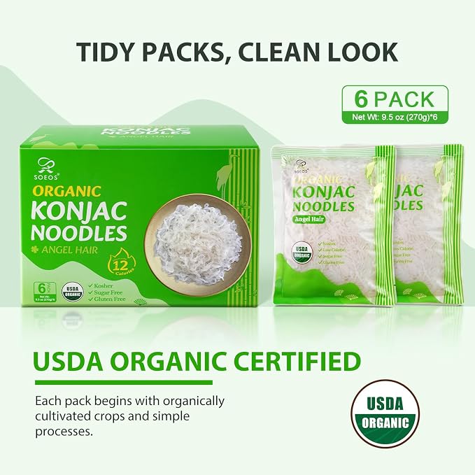 Soeos Organic Konjac Noodles, Angel Hair Pasta, 9.5 oz (270g)*6 Pack, Low Calorie, Low Carb, Keto and Paleo Friendly Shirataki Noodle, Gluten-Free, Fat Free, Sugar Free, Vegan