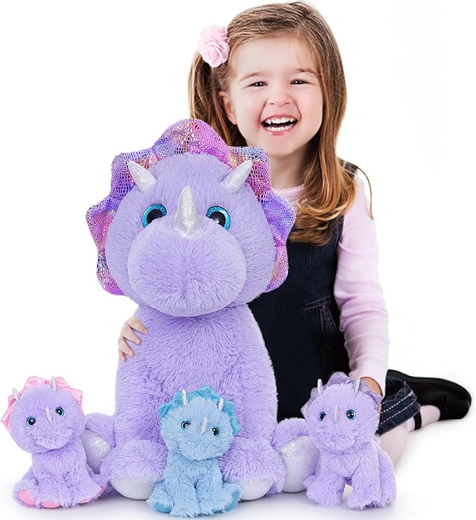 MaoGoLan Triceratops Stuffed Animal, 21" Purple Mommy Dinosaur Stuffed Animal with 3 Babies, Giant Dinosaur Plush Pillow Toy Set for Birthday Gift for Kids