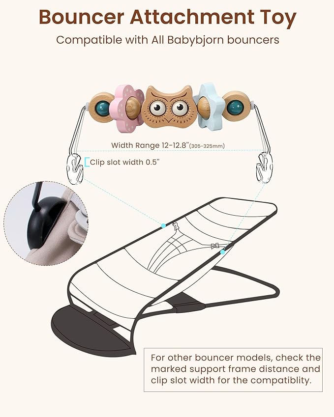 Baby Bouncer Toy Bar Wooden Compatible with Baby Bjorn Bouncer, Bouncer Toy Attachment, Tight and Secure Fit, So Fun to Watch, Touch and Spin for Babies All Ages (Wood Color Owl)