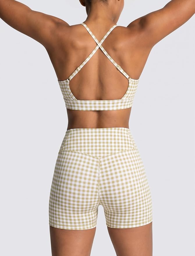 ABOCIW Workout Sets for Women 2 Piece Color Block Strappy Sports Bra High Waist Shorts Gym Yoga Pilates Outfits