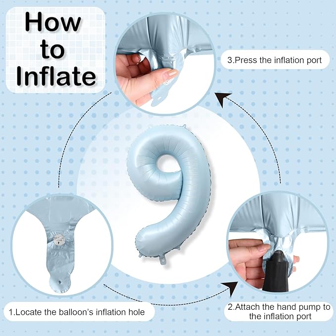 Big Number 9 Balloons, Light Sky Blue Foil 9 Balloon Numbers 40 Inch, Giant 9th Birthday Party Decor, Pastel Baby Matte Blue Mylar Helium Self Inflating Balloon for Boy Birthday Anniversary Decoration