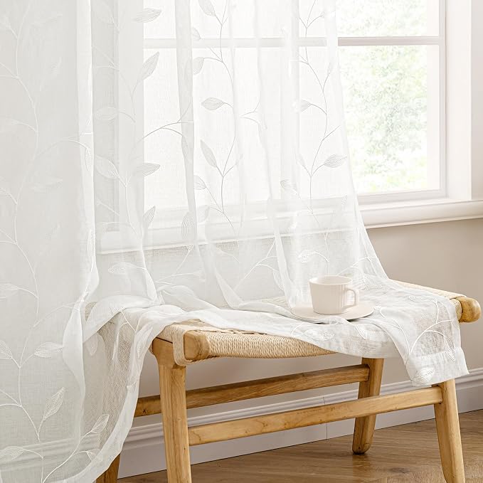 MIULEE Ivory Sheer Curtains 2 Panels Embroidered Leaf Patterned Rod Pocket Floral Semi Sheer Faux Linen Window Curtains Drapes Set for Living Room Bedroom Dining Room, 52x96 Inches Long