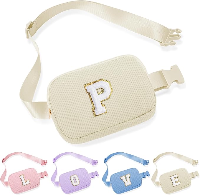 YOOLIFE Teen Girl Gifts Trendy Stuff, Belt Bag for Girls Kids, Birthday Gifts for Sister Daughter Teenage Girls Monogram Small White Belt Bag Fanny Pack Crossbody Bags for Teens Girl Kids (White P)