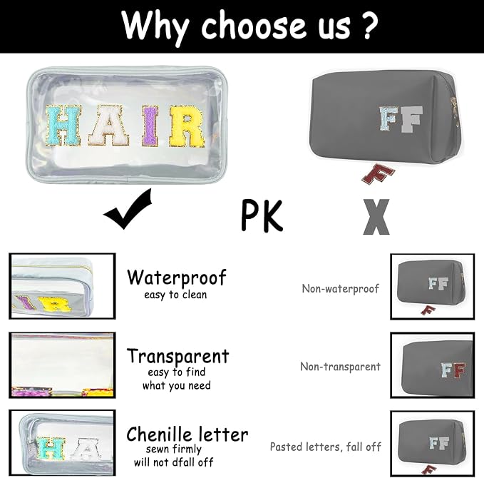 Bunliuys Chenille Letter Clear Makeup Bag Travel Patch, Travel Toiletry Makeup Bag with Handle, Nylon Waterproof Makeup Bags clear cosmetic bag, preppy patch makeup bag for Women (TRAVEL-Black)