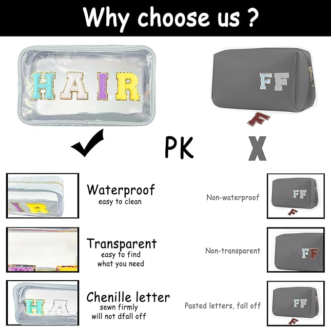 Chenille Letter Clear Makeup Bag Stuff Patch, Travel Toiletry Makeup Bag with Handle, Nylon Waterproof Makeup Bags clear cosmetic bag, preppy patch makeup bag for Women (STUFF-Black)