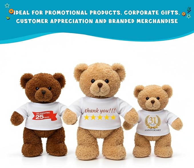 Get Ready Kids Teddy Bear T-Shirts Bulk Pack of 25 White Crew Neck Stuffed Animal Clothes for 12-16 Inch Plush Toys Polyester Blank Tees for DIY Crafts Sublimation and Classroom Projects