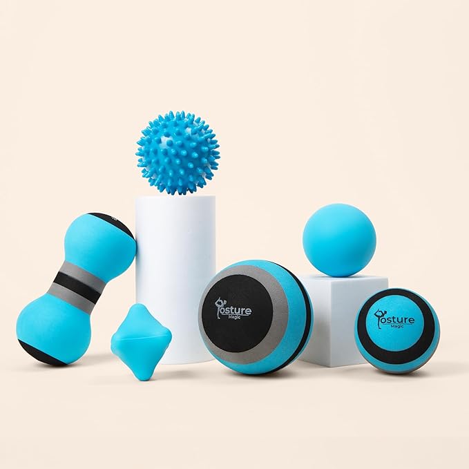 Posture Magic Massage Ball Set for Myofascial Trigger Point Release & Deep Tissue Massage - Set of 6 - Large Foam/Small Foam/Lacrosse/Peanut/Spiky/Hand Exercise Ball (Blue)