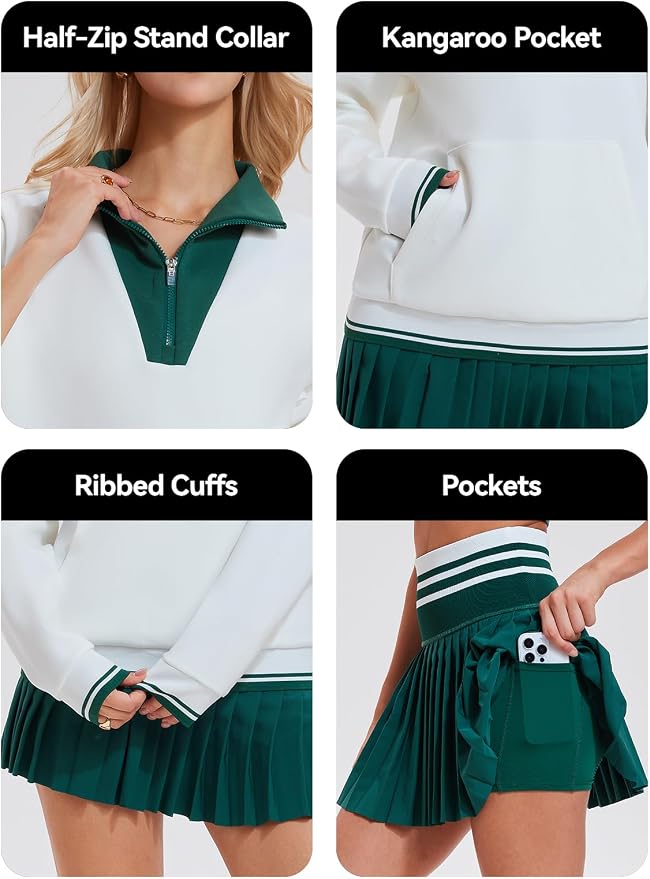 Airfree Women Two Piece Tennis Skirt Set Golf Outfits Half Zip Oversize Pullover Sweatshirt 2 Piece Skirt Sets with Pockets