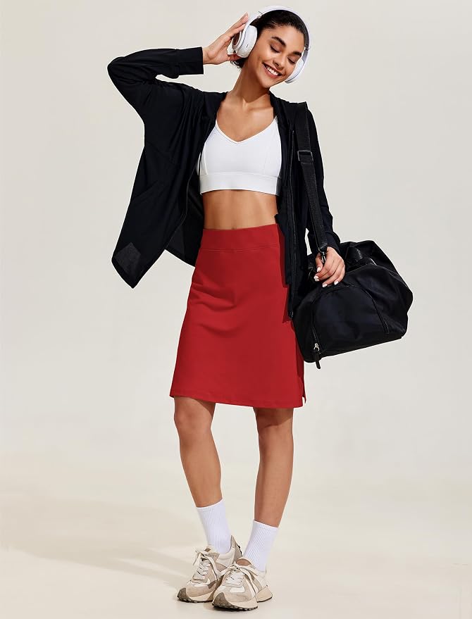 COOrun Women's 20" Knee Length Skirts High Waisted Golf Skorts with Pockets | Soft, Quick Dry, Split Hem, Built-in Shorts, A-line, Modest Skirts, for Golf Athletic Tennis Work Casual