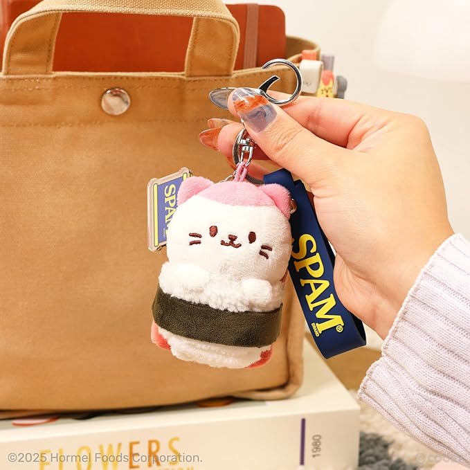 Anirollz Kittiroll SPAM® Musubi Plush Charm – Cute Mini Plush Keychain with SPAM® Can Charm & Lobster Clasp