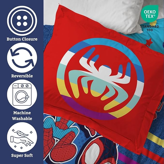 Jay Franco Kids Duvet Cover Set – 3 Piece Super Soft Bedding with Sham Pillowcase, Cover ONLY Comforter Not Included, Blue - Spidey & Friends, Queen