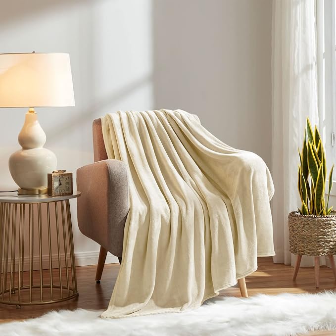 KMUSET Super Soft Throw Blanket Premium Silky Flannel Fleece Throw Size Beige Microfiber Lightweight Blanket All Season Use