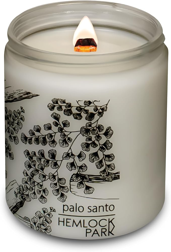 Hemlock Park Palo Santo Frosted Scented Candle | Crackling Wood Wick, Botanical Fragrance & Coconut Apricot Wax | Up to 60 Hour Burn Time | 8 oz | Made in USA