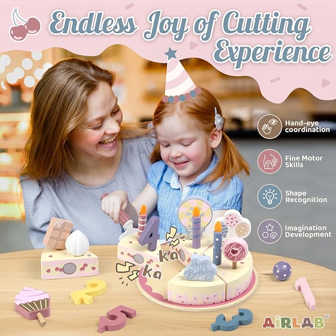 Wooden Birthday Party Cake Play Food Sets for Toddler 2 3 4 5 Year Old Girls Boys Kids Kitchen Accessories Pretend Play Toy Gift Educational Toys