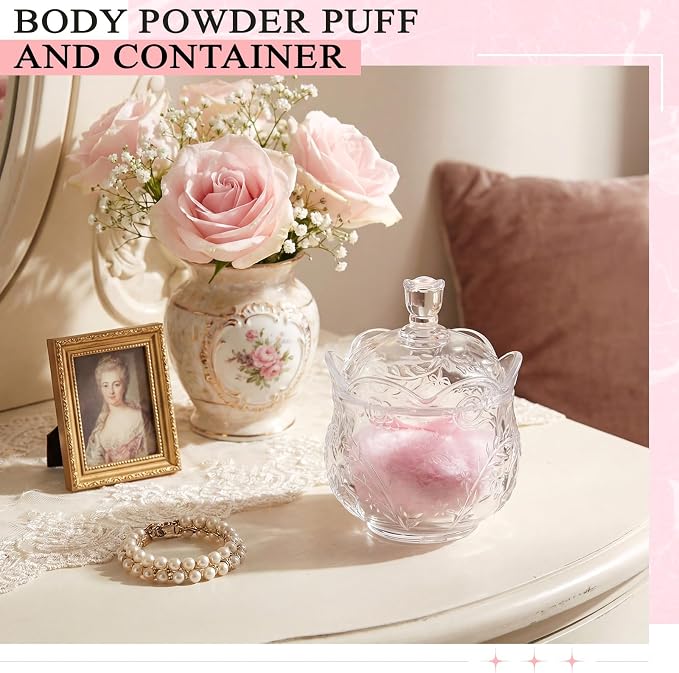 Tioncy 3 Pcs Large Body Powder Puff and Container Valentine's Day gift Powder Container with Puff Crystal Case Soft Washable Reusable Velour Face Body Glitter Wet Dry Makeup(Floral Embossed,Clear)