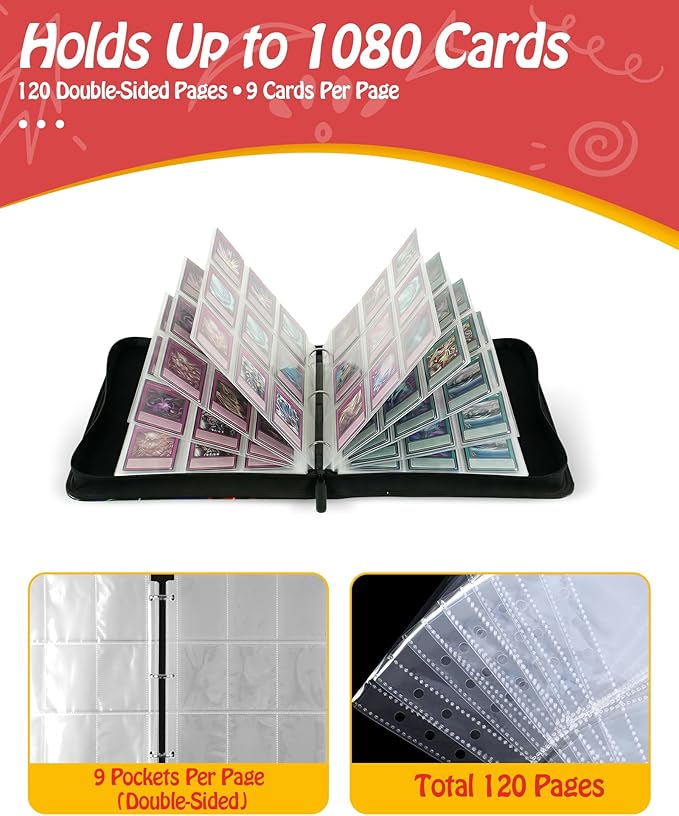 Trading Card Binder, 9-Pocket, Holds 1080 Cards, 120 Pages Side-Loading Card Album, PU Leather, Acid-Free Archival Sleeves, Durable Organizer for MTG, TCG & Sports Cards, Gift for Kids, Boys and Girls