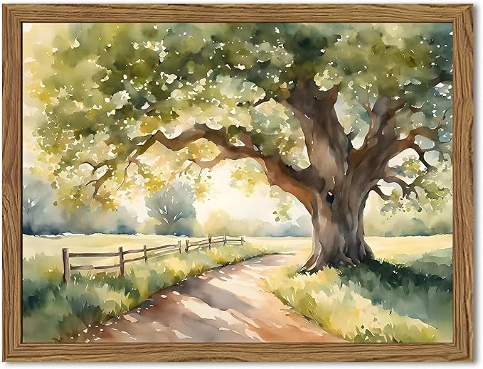 Framed Vintage Tree Landscape Wall Art, Watercolor Country Road Nature Wall Decor Paintings, Rustic Countryside Pictures Canvas Prints Aesthetic Home Decor for Living Room Bedroom Bathroom 16x24 inch