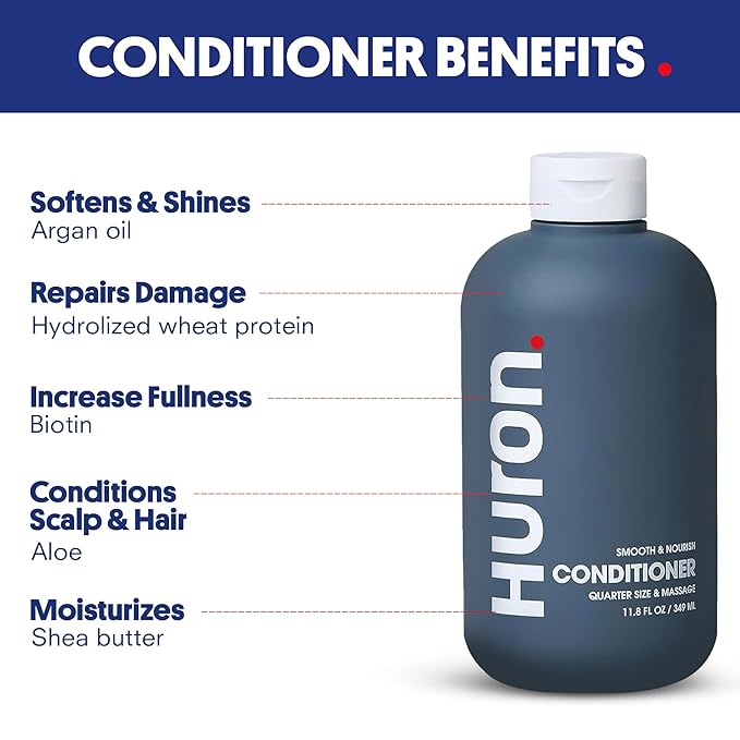 Huron Men’s Shower Kit – Shampoo, Conditioner & Body Wash with Sandalwood + Amber Scent, Hydrating, Phthalate-Free, non-toxic Ingredients for Hair & Skin Care, 12 fl oz (Pack of 3)