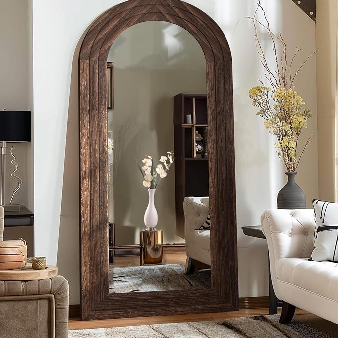 ZHUNFA Arched Full Length Mirror with Solid Wood Frame | 71x32 Farmhouse Wall Mounted Floor Mirror with Stand, Vertical Hanging, Leaning Standing for Bedroom, Living Room, Brown