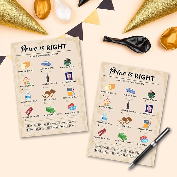 QUPT 80th Birthday Party Games, Price is Right Games, Birthday Party Supplies for Adults, Fun 1945s Party Game，Pack of 30 Cards