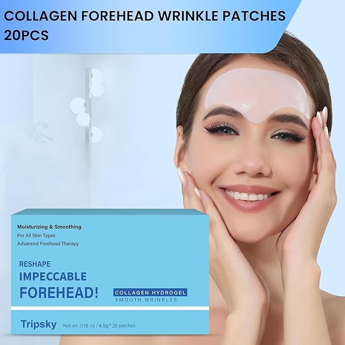 Tripsky Forehead Wrinkle Patches For Anti-Wrinkle, Overnight Facial Wrinkle Patches Jelly Pads With Collagen, Forehead Wrinkles Treatment Softening Fine Lines (White 20PCS)